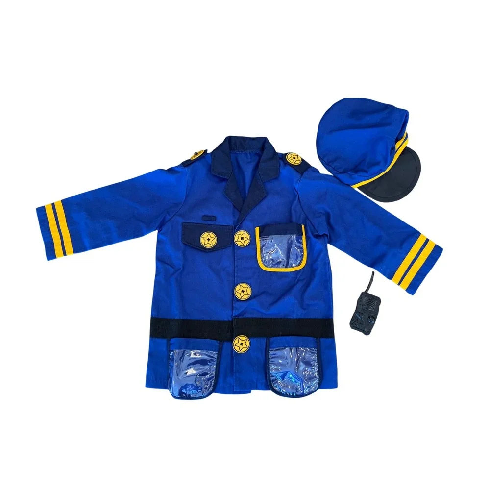 Kids Police Officer Costume Set Blue Uniform Jacket Hat Walkie Talkie Ticket